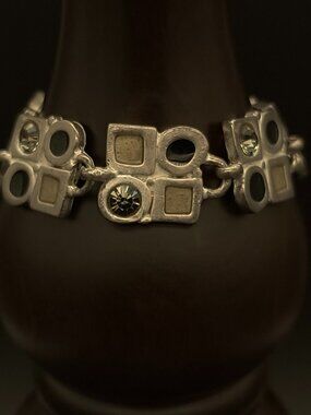 Jackie Spector Modernist Silver Tone Enamel Rhinestone Toggle Bracelet
